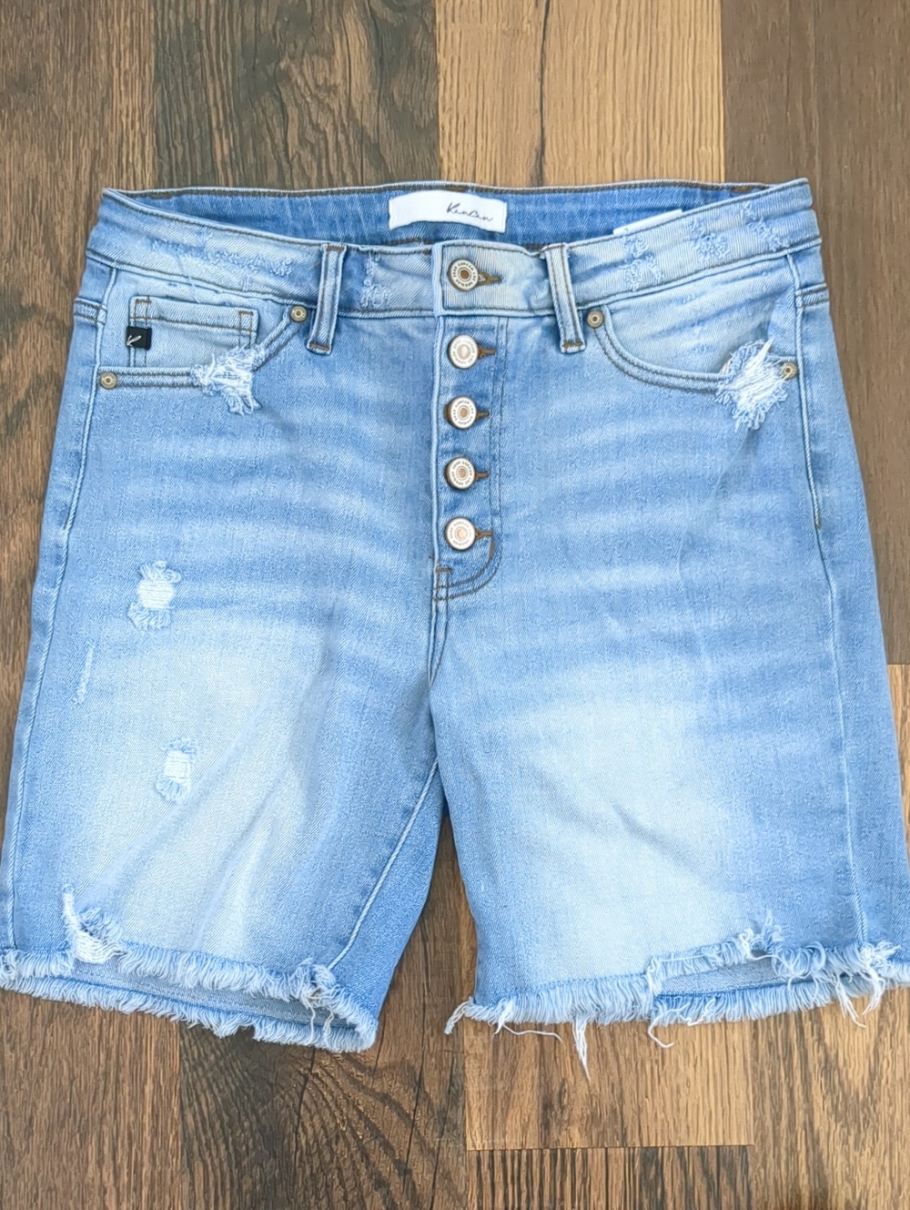 KanCan Women's Distressed Button Fly Denim Jean Shorts, Size Large